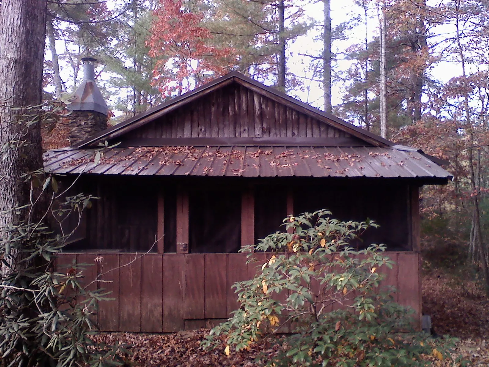 Metal roof over the screened porch of a rustic cabin in Enterprise