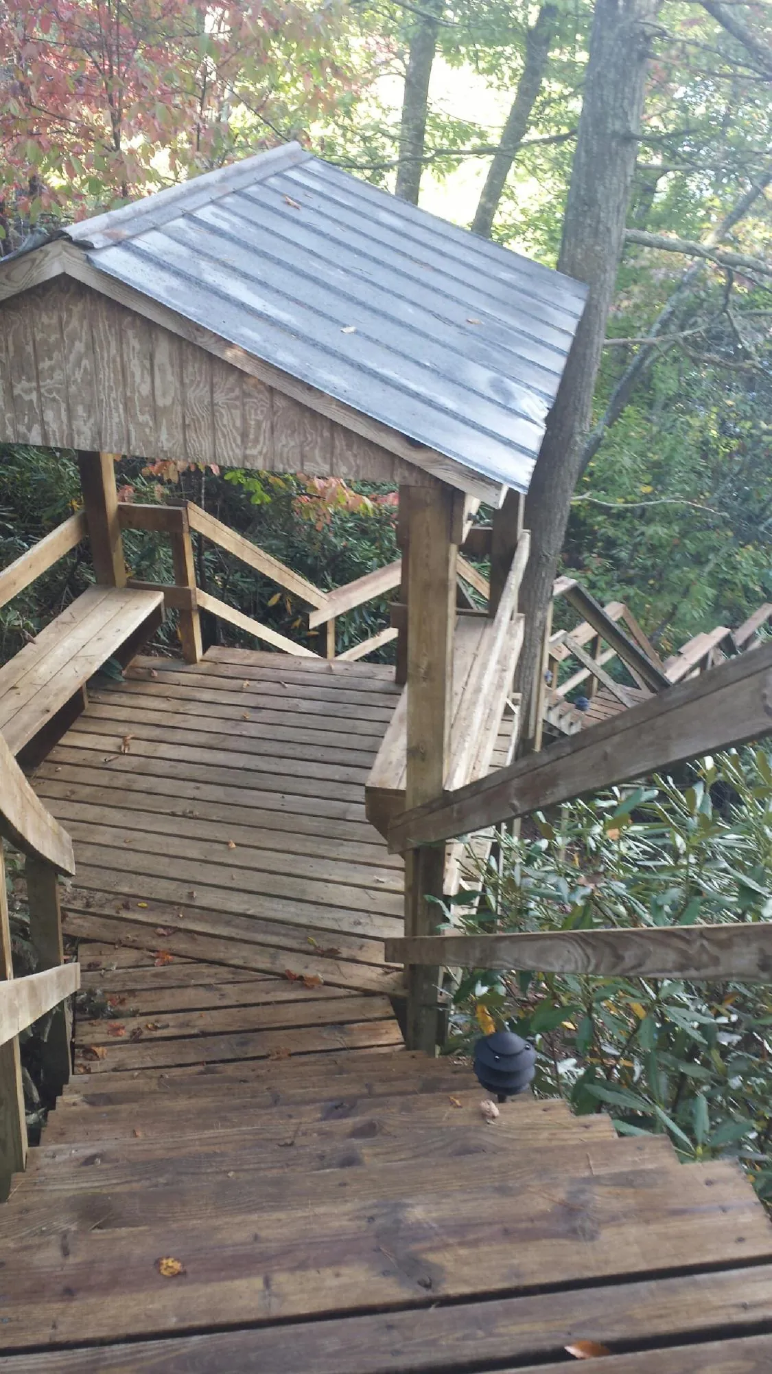 Metal roofed shelter over wooden steps on a wooded walkway — Skylight Repair & Installation work by our crew in Enterprise